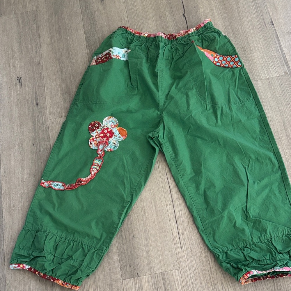 Kids Green Pajama Bottoms with Floral Patchwork